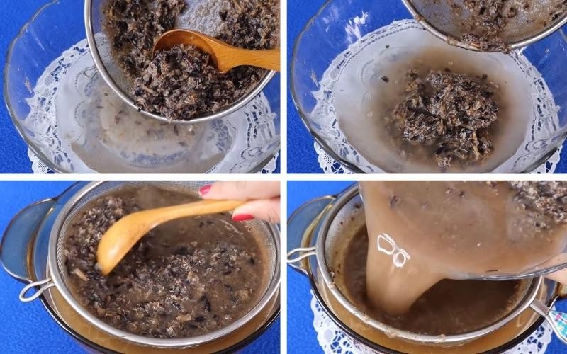 Lọc phần xác cua đồng đã xay nhuyễn với nước để lấy nước cốt cua