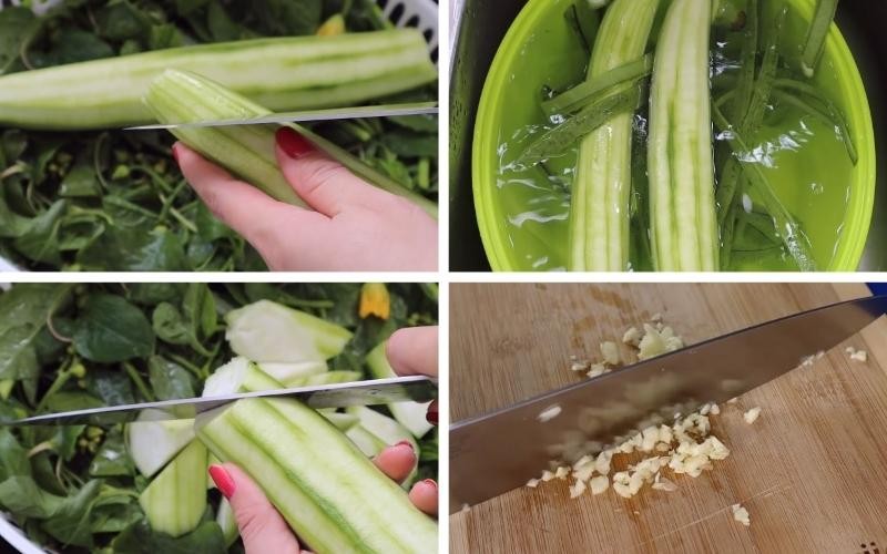 Gọt vỏ mướp, rửa sạch và cắt miếng vừa ăn, tỏi băm nhuyễn