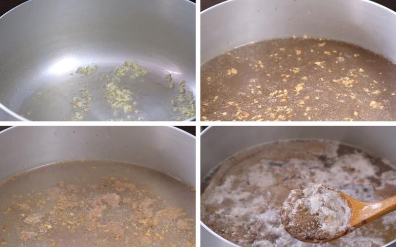Phi thơm tỏi băm rồi cho nước cốt cua đồng vào nấu sôi