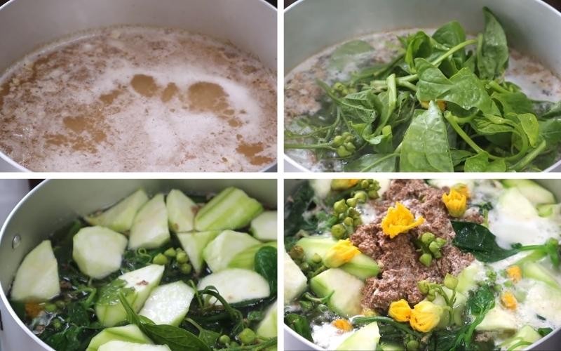 Nồi nước cốt cua đồng đang sôi, riêu cua nổi lên mặt canh