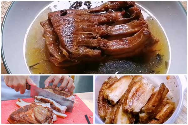 Thịt ba chỉ đã ngâm và cắt miếng, đang được ướp gia vị đậm đà theo công thức khâu nhục người Hoa