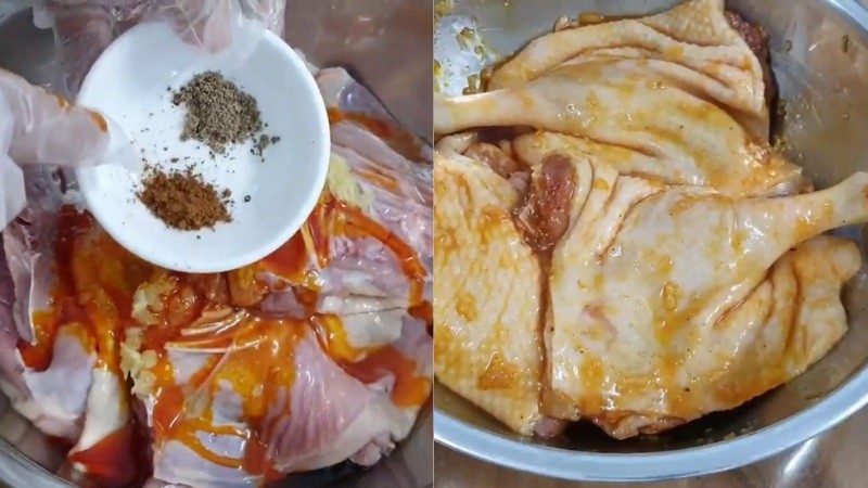 Thịt vịt được ướp đều gia vị để thấm sâu hương vị