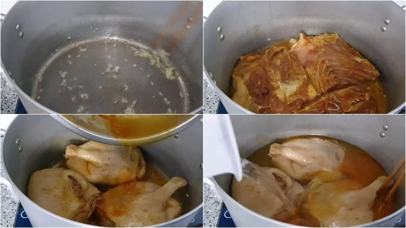 Xào thịt vịt trên bếp để săn chắc và thấm gia vị