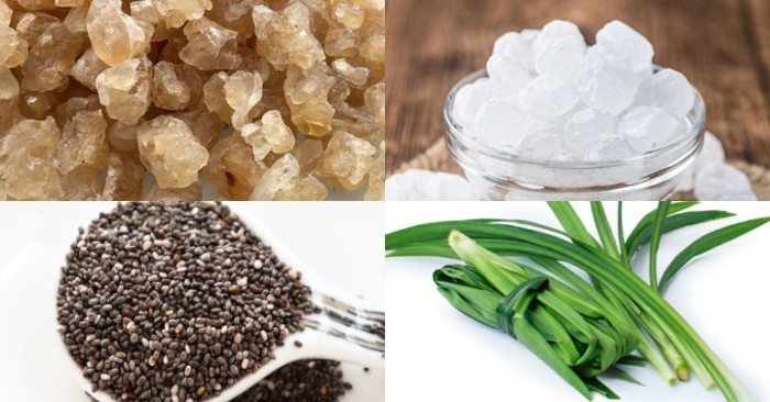 Đường phèn, hạt é, lá dứa – các nguyên liệu làm tăng hương vị món mủ trôm đường phèn.