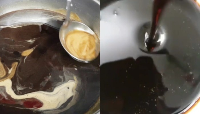Quy trình đun nước đường đen sôi nhẹ, kết hợp cùng nước cốt chanh để tránh tình trạng đường bị đông cứng.