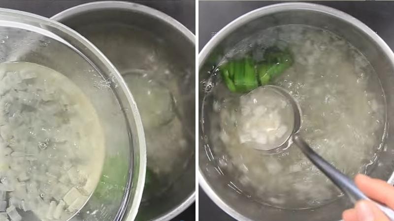 Thêm nha đam vào nồi nước lá dứa đường phèn khi nấu, hoàn tất công thức