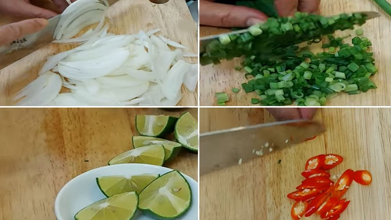 Sơ chế chanh, hành lá, hành tây, ớt cho phở gầu bò
