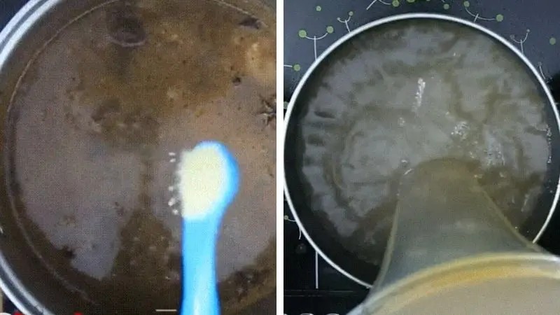 Thêm gia vị và chắt nước dùng đã ninh vào nồi riêng