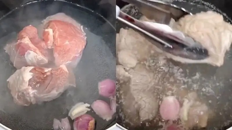 Chần xương ống heo trước khi ninh nước dùng phở