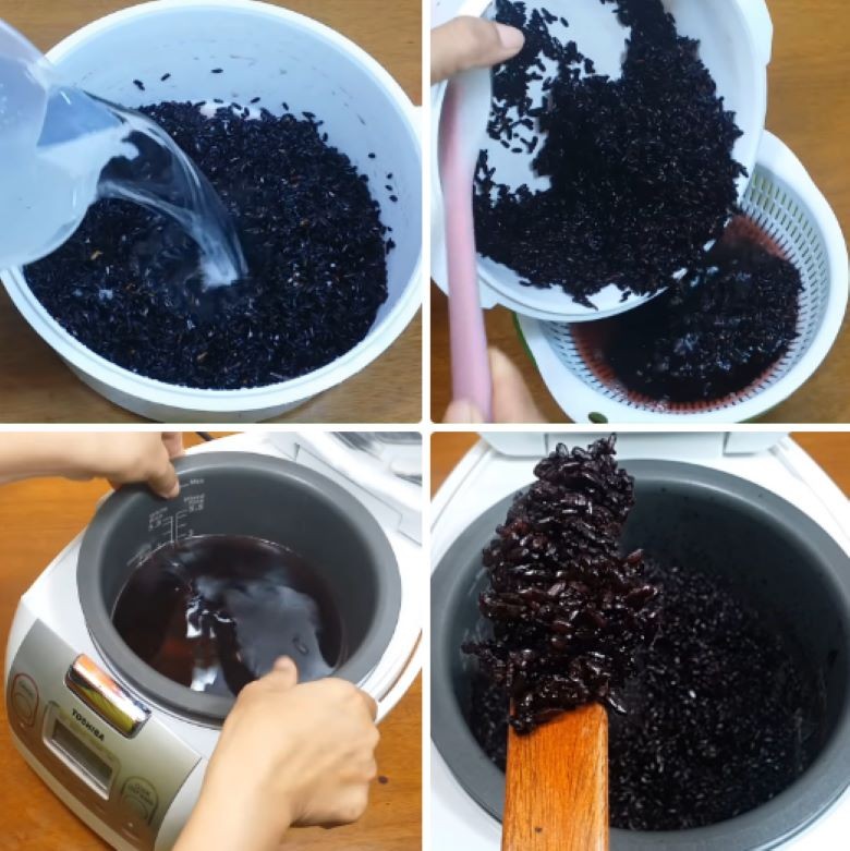 Gạo nếp cẩm đang được ngâm chuẩn bị cho quy trình nấu cơm rượu