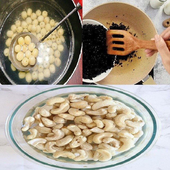 Sơ chế mè đen, hạt điều và hạt sen, chuẩn bị cho cách nấu sữa ngũ cốc bổ dưỡng