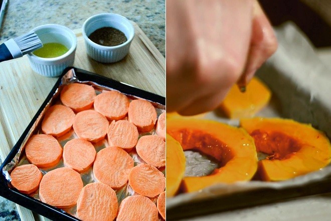 Thái khoai lang và bí đỏ để chuẩn bị cho món súp miso thực dưỡng