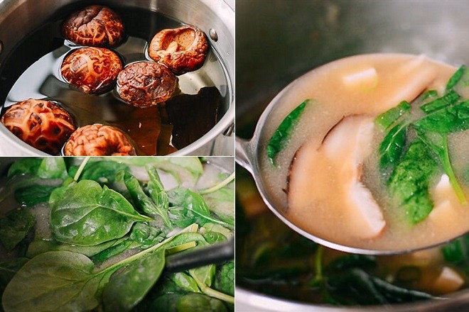 Các bước chuẩn bị nấm và tảo bẹ để nấu súp miso thực dưỡng