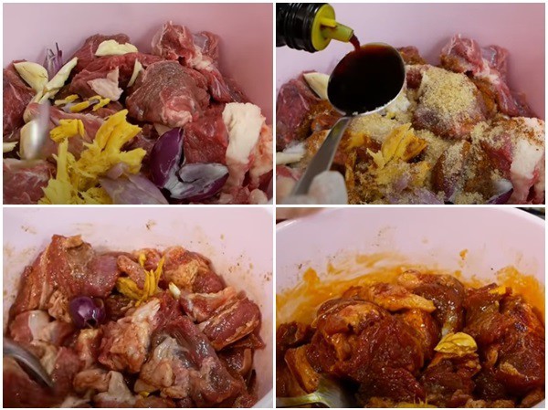 Ướp thịt bò với các loại gia vị như hành, tỏi, gừng, ngũ vị hương để chuẩn bị nấu thịt bò kho tàu