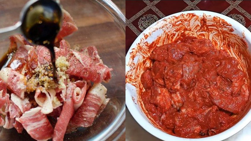 Hướng dẫn thịt bò sốt vang cách nấu: Ướp thịt bò cùng gia vị và gấc