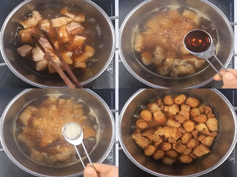 Thịt ba chỉ và trứng cút được kho nhừ trong nồi, ngập nước dừa và gia vị
