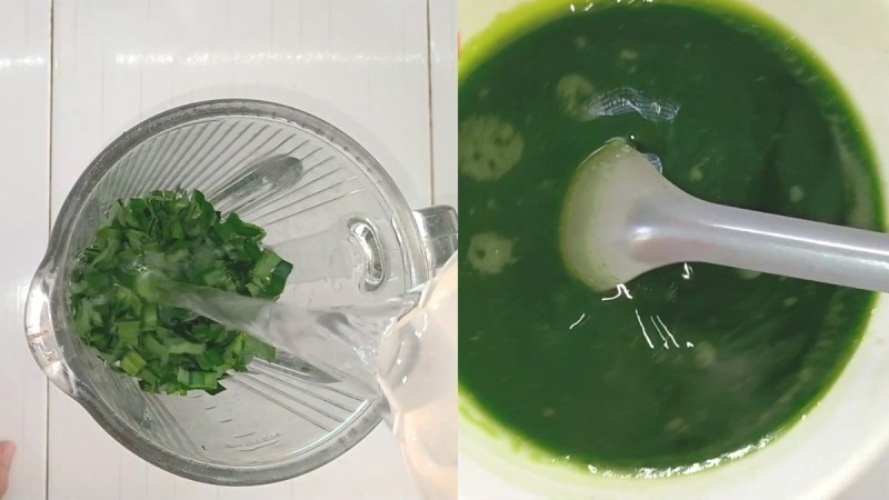 Lá dứa được cắt khúc và nước cốt lá dứa đã lọc