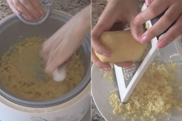 Đậu xanh được tán nhuyễn và bào thành sợi tơi mịn để rắc lên xôi bắp bào