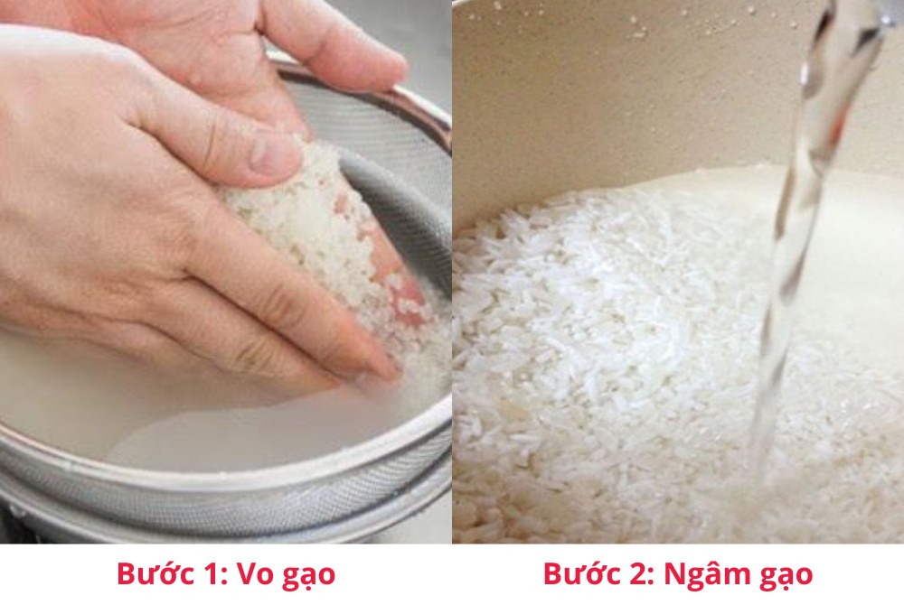 Gạo nếp cái hoa vàng đang được vo sạch dưới vòi nước, chuẩn bị cho quá trình ngâm để nấu xôi khoai môn dẻo thơm.