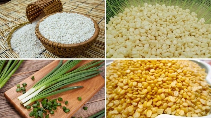 Các nguyên liệu tươi ngon để nấu xôi ngô mỡ hành gồm nếp, bắp, đậu xanh và hành lá