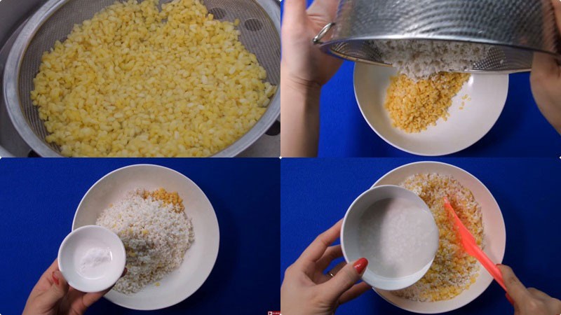 Hỗn hợp nếp và đậu xanh được hấp trong xửng có lót lá chuối, đảm bảo xôi chín đều và thơm ngon