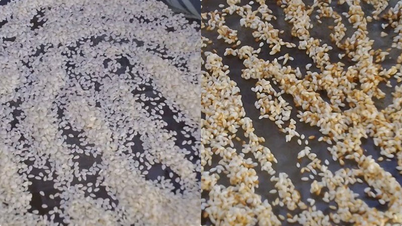 Hạt mè trắng rang thơm vàng, thành phần tăng thêm hương vị và độ giòn cho món xôi sầu riêng