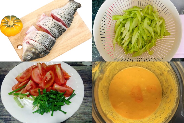 Cá chép và dọc mùng đã sơ chế sạch sẽ