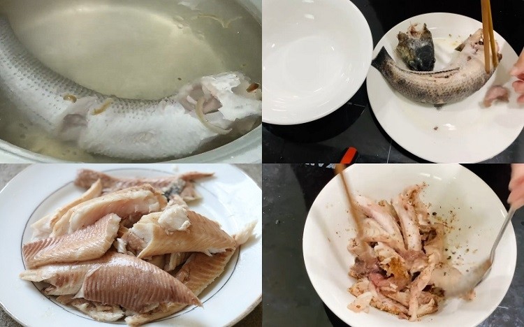 Ướp thịt cá lóc sau khi luộc để nấu bánh canh cá lóc Quảng Trị