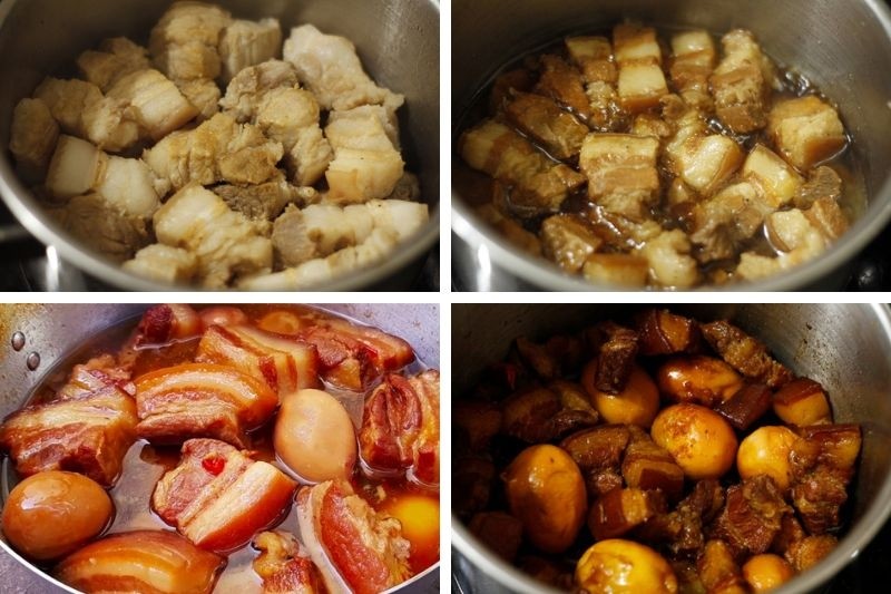 Thịt và trứng đang được kho trong nồi