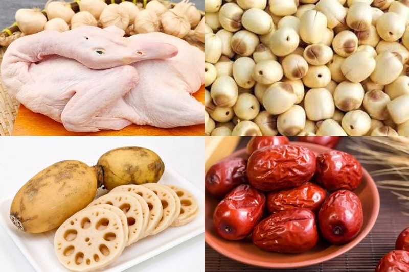 Các nguyên liệu cho món vịt hầm hạt sen đầy đủ