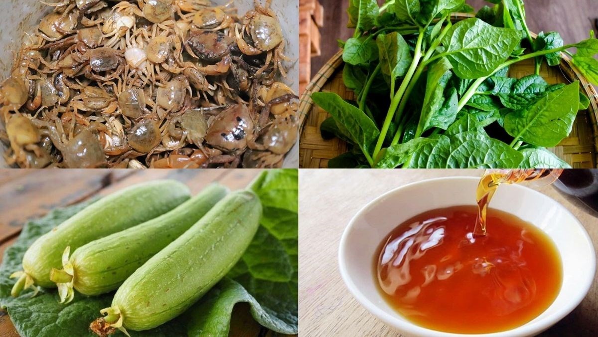 Tổng hợp các nguyên liệu chuẩn bị cho món canh mồng tơi cua