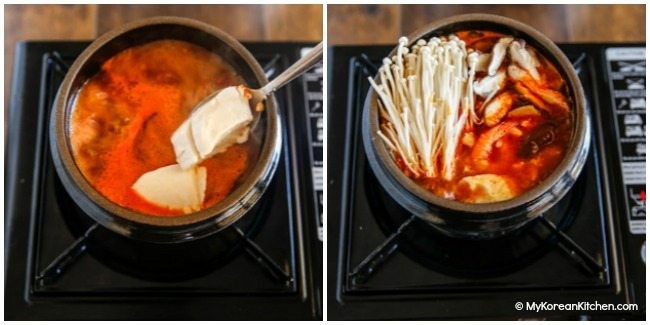 Thêm đậu hũ non mềm mịn, nấm và trứng vào nồi canh đang sôi, hoàn thiện món Sundubu-jjigae