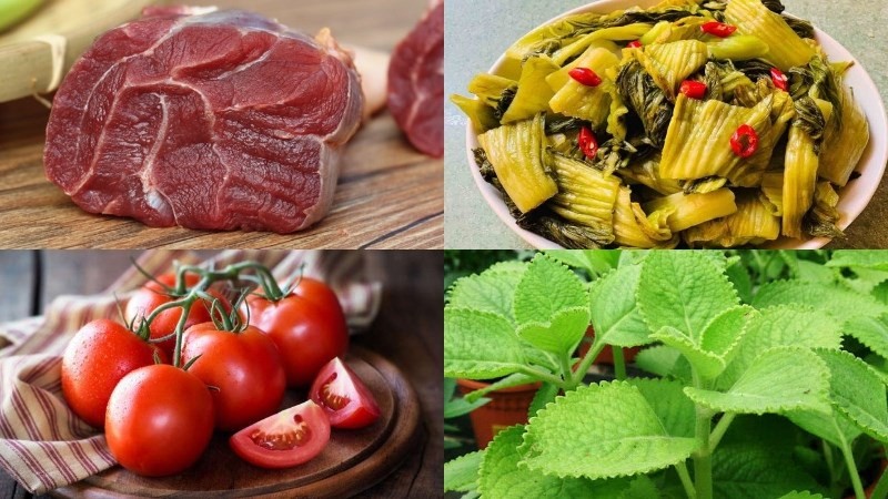 Nguyên liệu tươi sạch để nấu món canh dưa chua thịt bò rau tần
