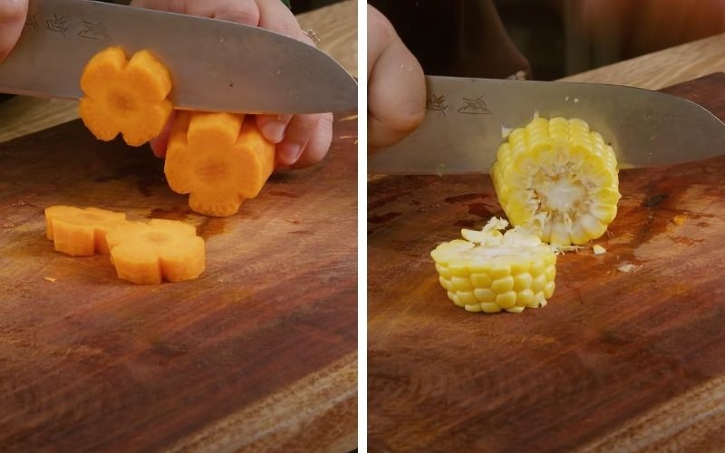 Chuẩn bị rau củ và giò sống cho món canh nấm kim châm