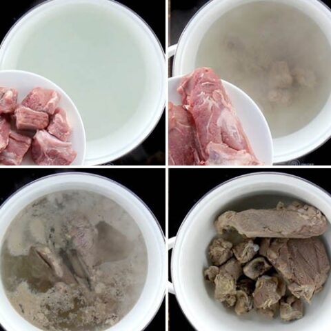 Trụng sơ sườn non và xương đuôi heo để làm sạch và khử mùi hôi