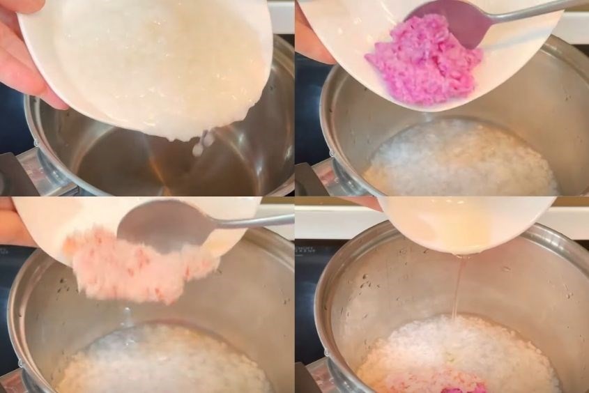 Cho các nguyên liệu đã sơ chế vào nồi để bắt đầu nấu cháo tôm khoai mỡ cho bé