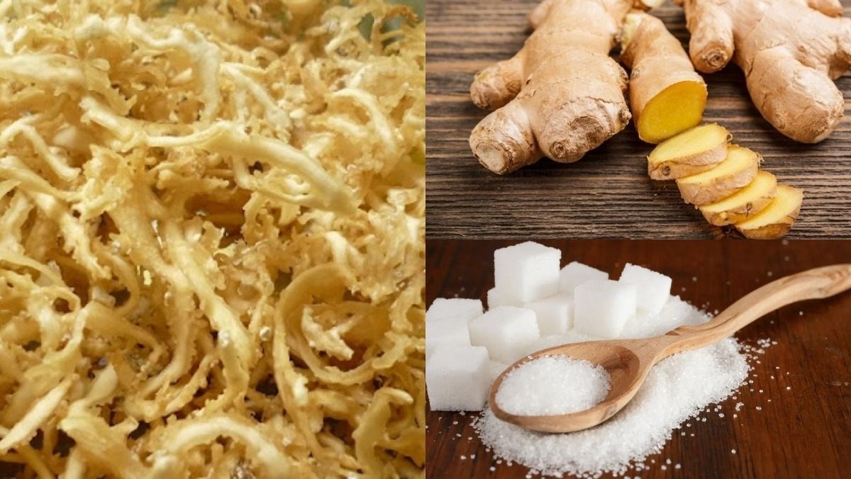 Rau chân vịt khô và gừng củ chuẩn bị sơ chế để nấu chè