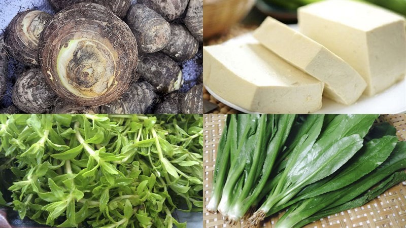 Các nguyên liệu chính để nấu canh khoai môn chay đậu hũ: khoai môn, đậu hũ, hành boa rô cùng ngò gai và ngò ôm đã sơ chế sẵn sàng