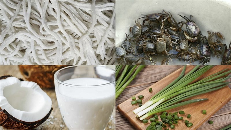 Nguyên liệu chính cho món bánh canh cua đồng nước cốt dừa: cua đồng xay sẵn, bánh canh, hành lá và nước cốt dừa
