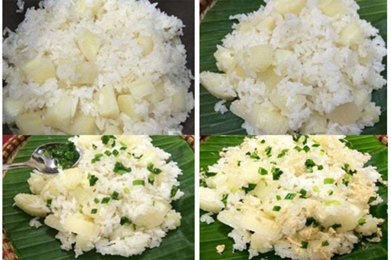 Thưởng thức món xôi sắn nóng hổi, thơm ngon sau khi hoàn thành, có thể dùng kèm hành phi, lạp xưởng.