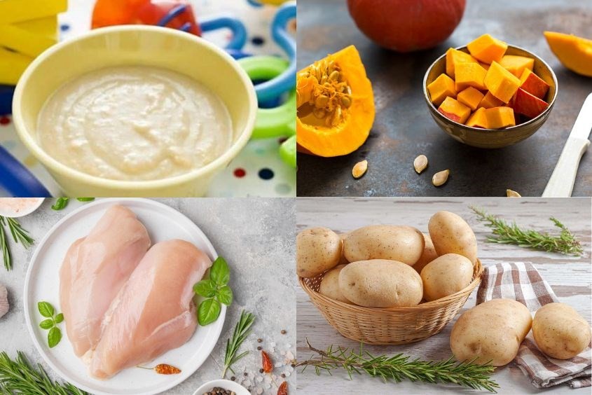 Nguyên liệu cho món bột ăn dặm với bí đỏ nấu cùng thịt gà và khoai tây rất bổ dưỡng