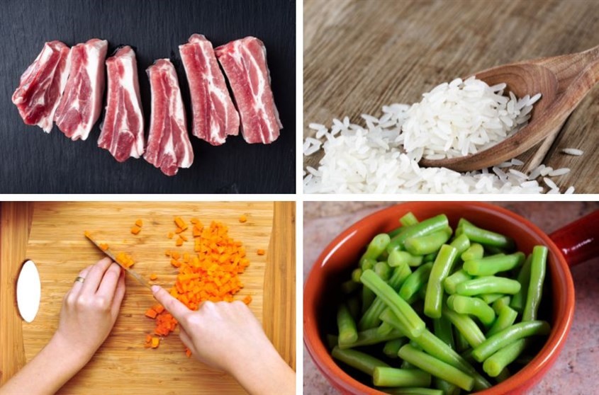 Cháo đậu cô ve nấu cùng sườn heo và cà rốt, minh họa một trong những cách nấu đậu cô ve cho bé