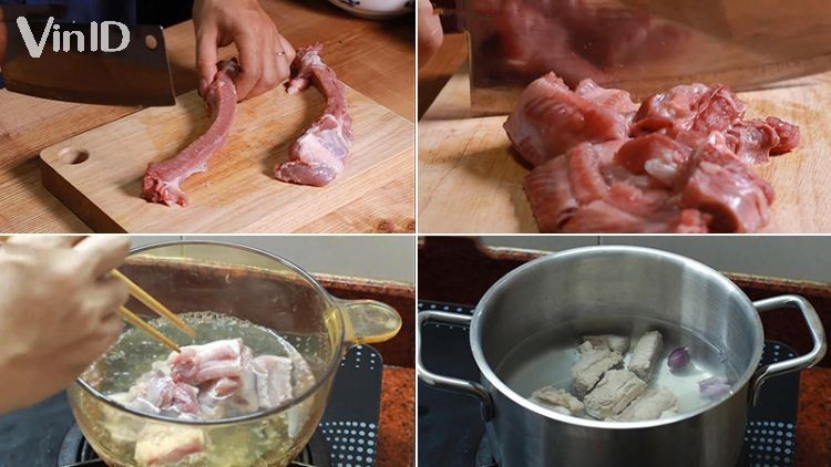 Sơ chế sườn non kỹ lưỡng trước khi ướp gia vị cho món sườn nấu đậu