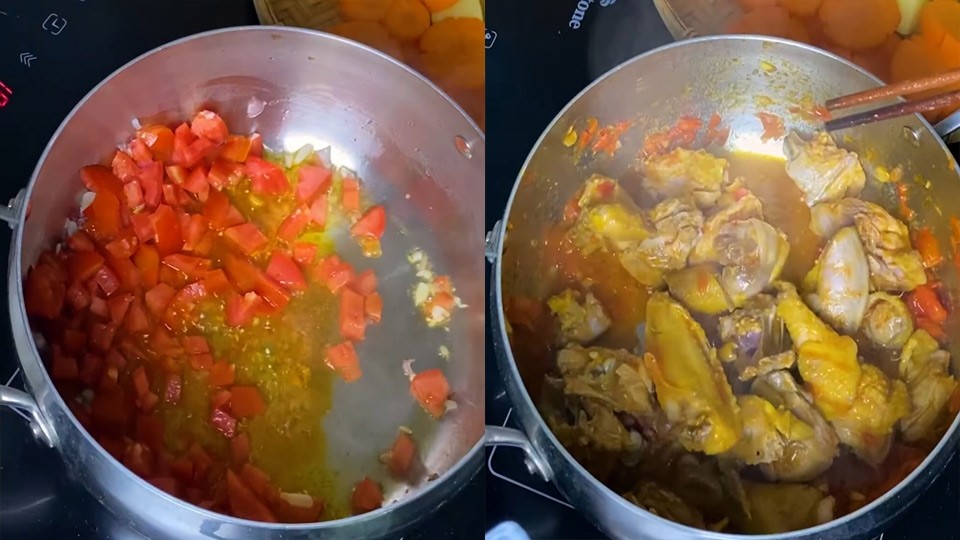 Xào thịt gà cho săn lại trước khi hầm