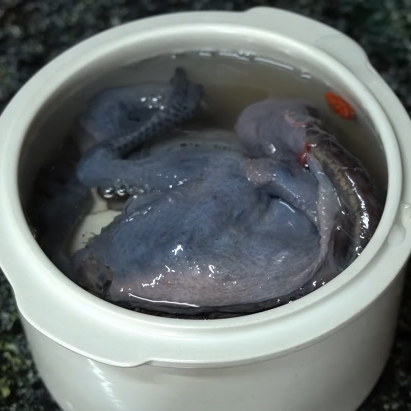 Gà ác đang được hầm trong nồi với gói thuốc bắc, tạo vị ngon
