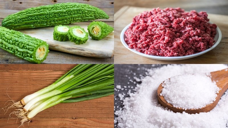 Nguyên liệu làm canh khổ qua thịt bằm cơ bản: khổ qua, thịt băm, hành lá