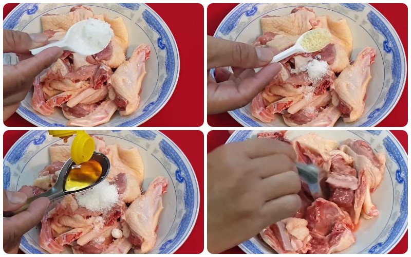 Thịt vịt đang được ướp gia vị đậm đà trước khi nấu lẩu vịt nấu măng