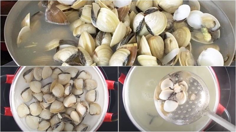 Nghêu tươi đang được ngâm trong nước để loại bỏ bùn cát trước khi chế biến