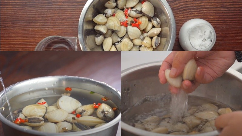 Nồi nghêu đang sôi, các con nghêu dần mở miệng cho thấy đã chín tới
