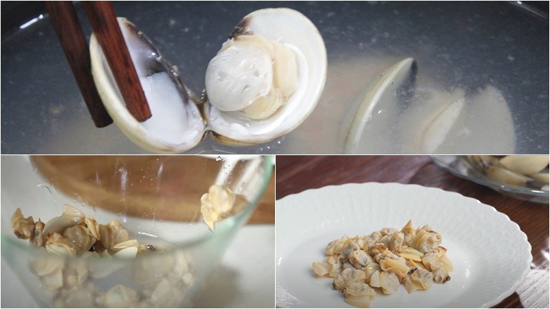 Thịt nghêu đã tách vỏ đang được ướp gia vị, sẵn sàng cho công đoạn nấu canh chua